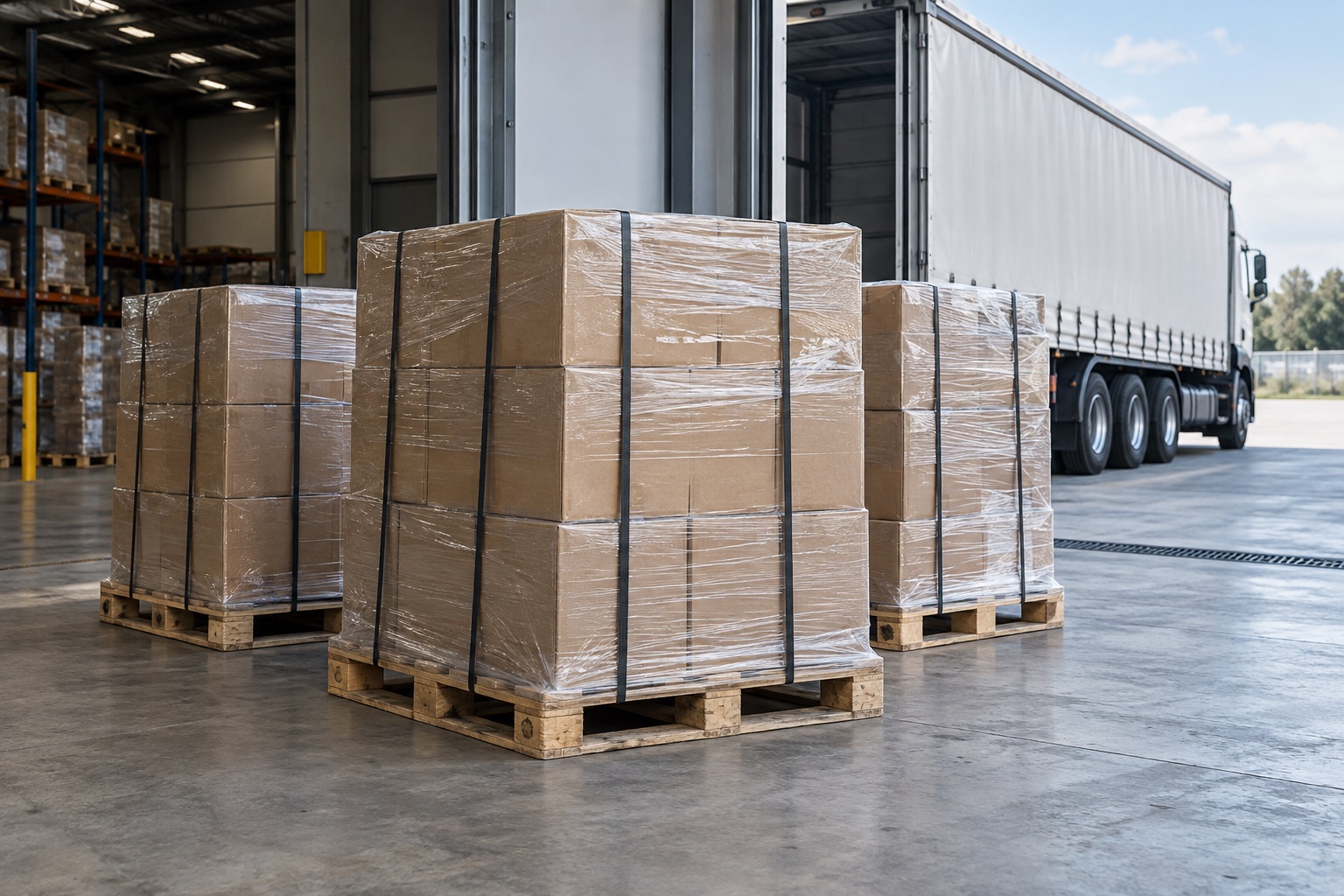 Illustration of palletised cargo prepared for road transport.