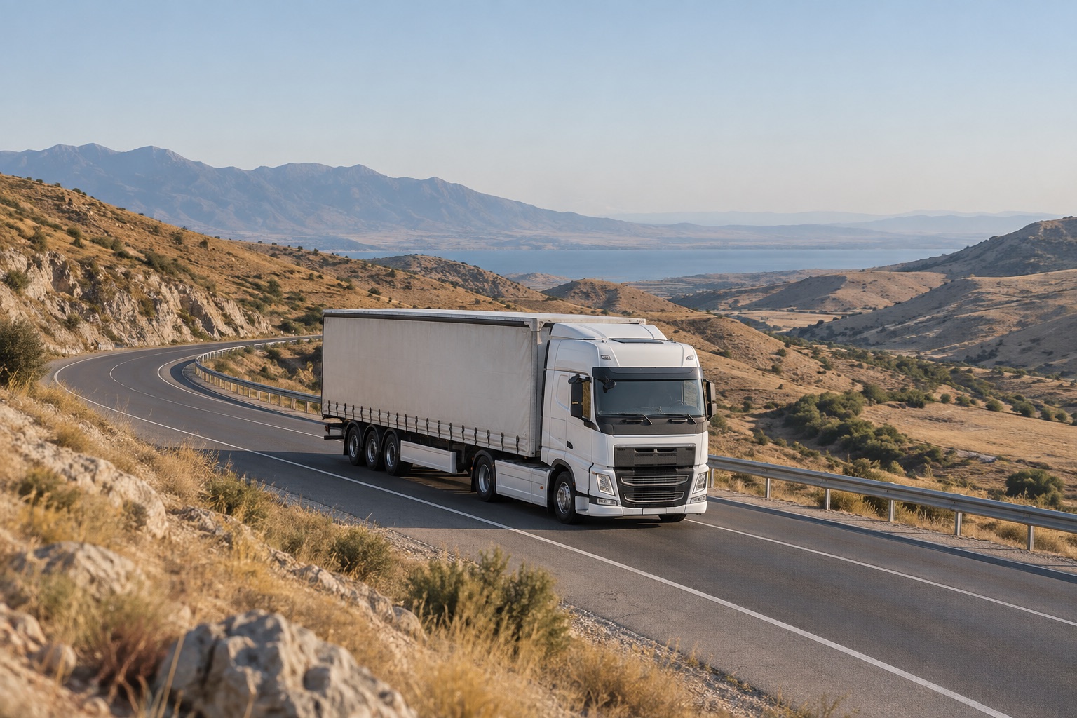 Illustration of a freight truck on a hillside road.